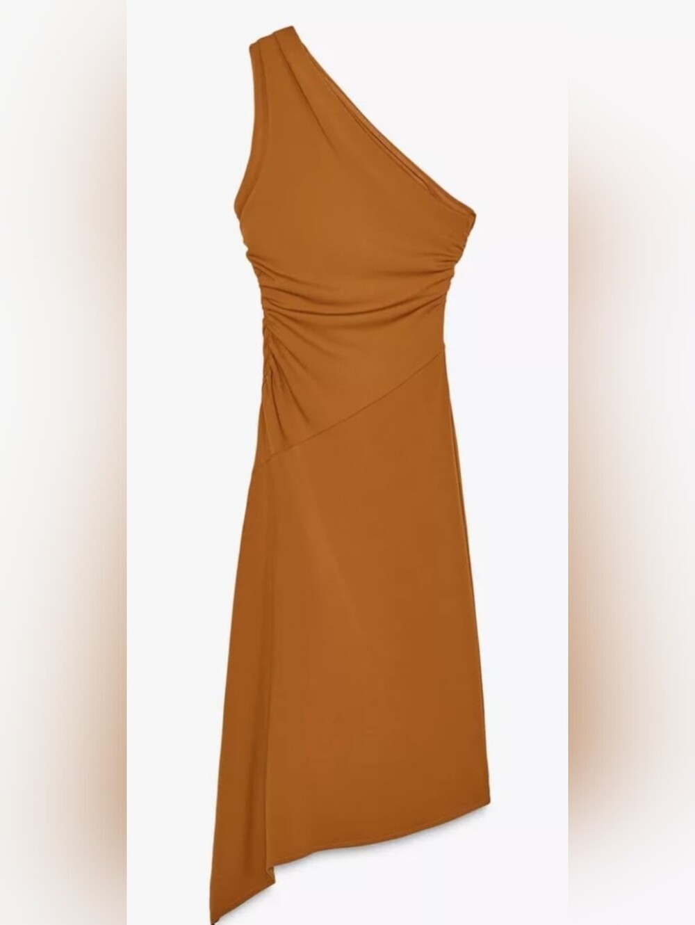 ZARA NWT One Shoulder Asymmetrical Zipper Detail Midi Dress Camel Brown - Size M - Picture 2 of 8